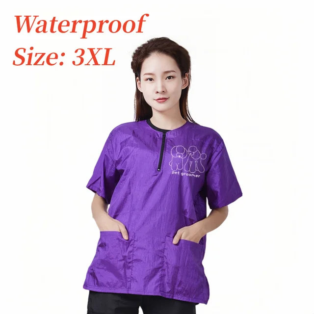 Pet Groomer Work Clothes Pet Dog Grooming Uniforms Waterproof Smock Hairproof Tops Short Sleeved Apron Purple Black Gown Y0519